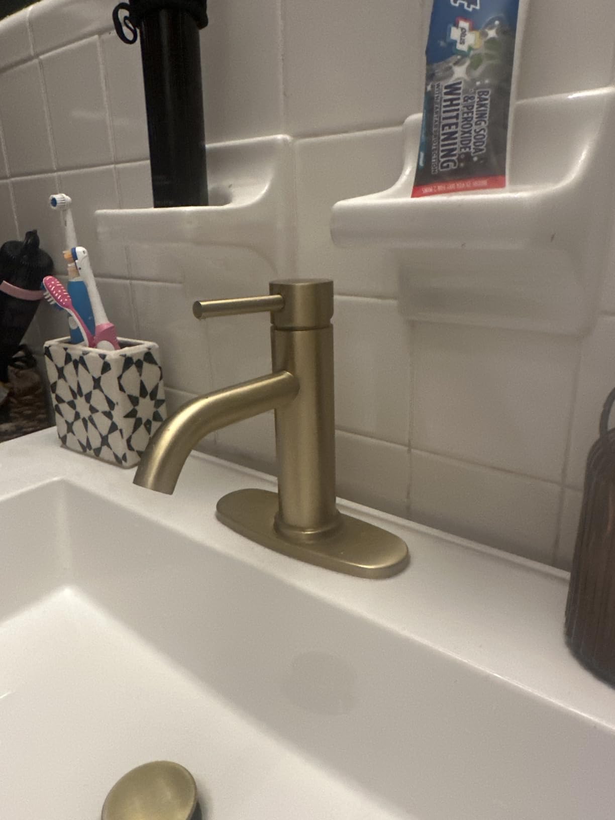 Brushed Gold Bathroom Faucet, Single Hole Bathroom Sink Faucet | Modern Stainless Steel Bathroom Faucet with Pop-up Drain and Hoses, RV & Outdoor Basins, for 1 or 3 Hole customer photo 1
