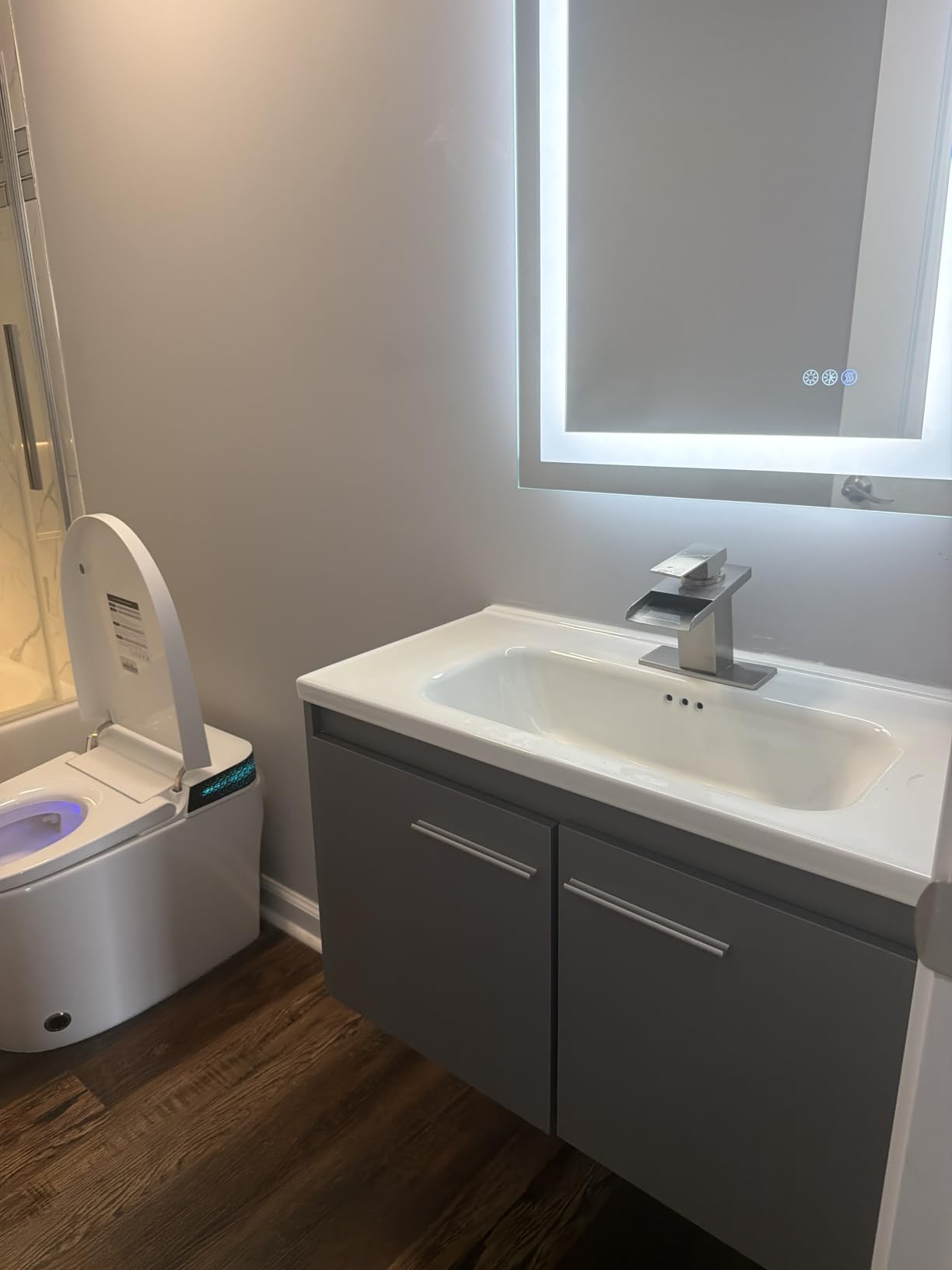 32 Inch Floating Bathroom Vanity with Sink, LED Lights & Cabinet, Black customer photo 2