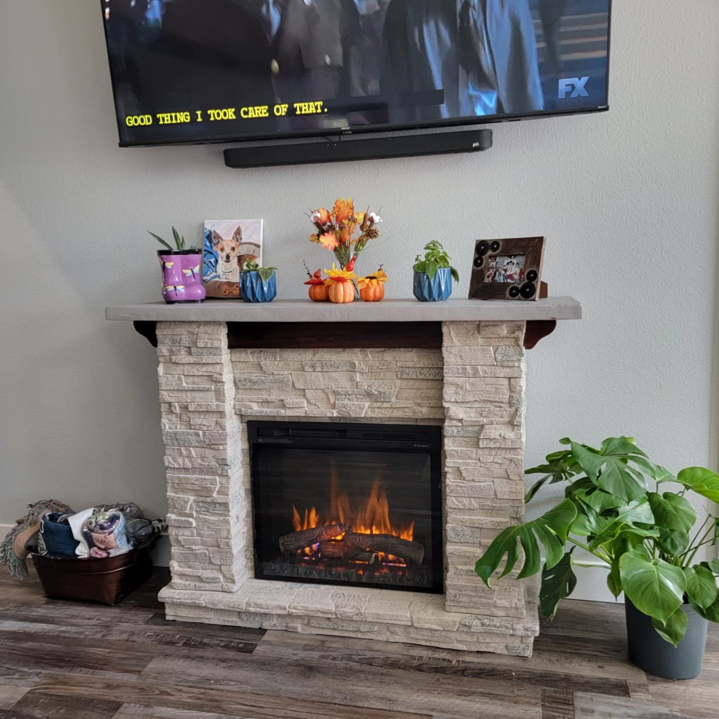 Dimplex Fieldstone Electric Fireplace with Rustic Mantel Surround Package | Pine with Natural Stone-Look, 28