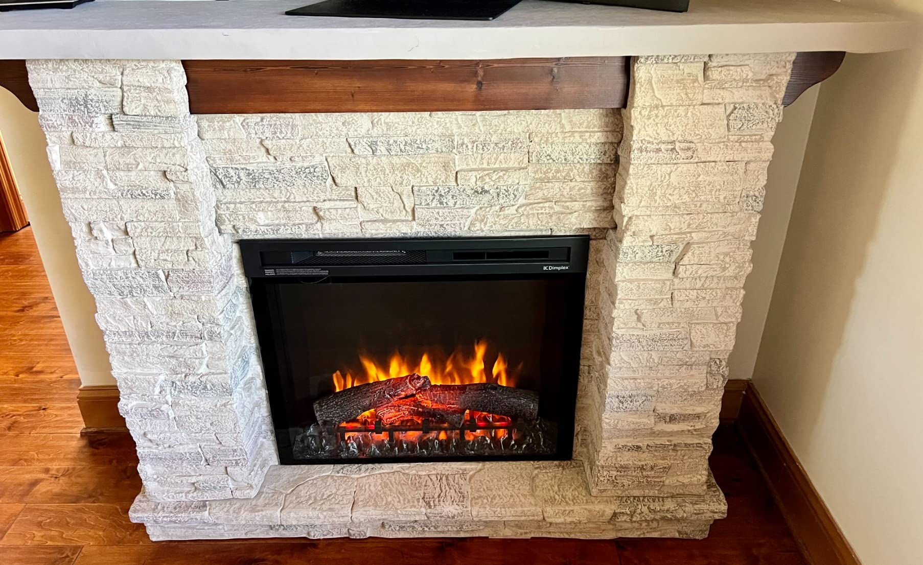 Dimplex Fieldstone Electric Fireplace with Rustic Mantel Surround Package | Pine with Natural Stone-Look, 28