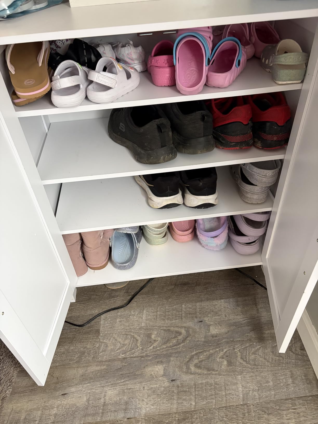 Homleke Farmhouse Shoe Cabinet with 2 Barn Doors & Wood Legs | Tall 4-Tier Shoe Storage Cabinet, 3 Adjustable Shelves, Shoe Rack Organizer, for Entryway, Hallway, Closet, White customer photo 1