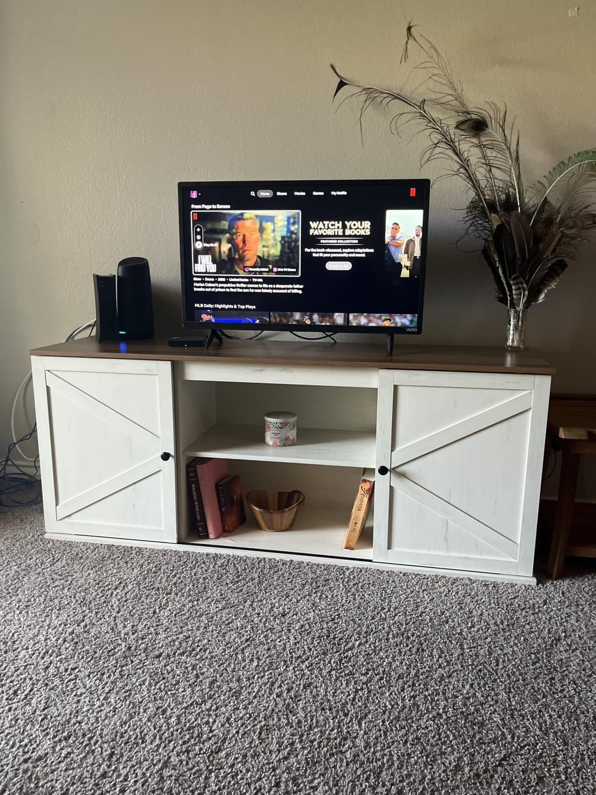 VASAGLE Farmhouse TV Stand for TVs up to 65 Inches, Entertainment Center with Storage Cabinets and Sliding Barn Doors, Media Console Table for Living Room, Rustic White and Honey Brown ULTV535W01 customer photo 1