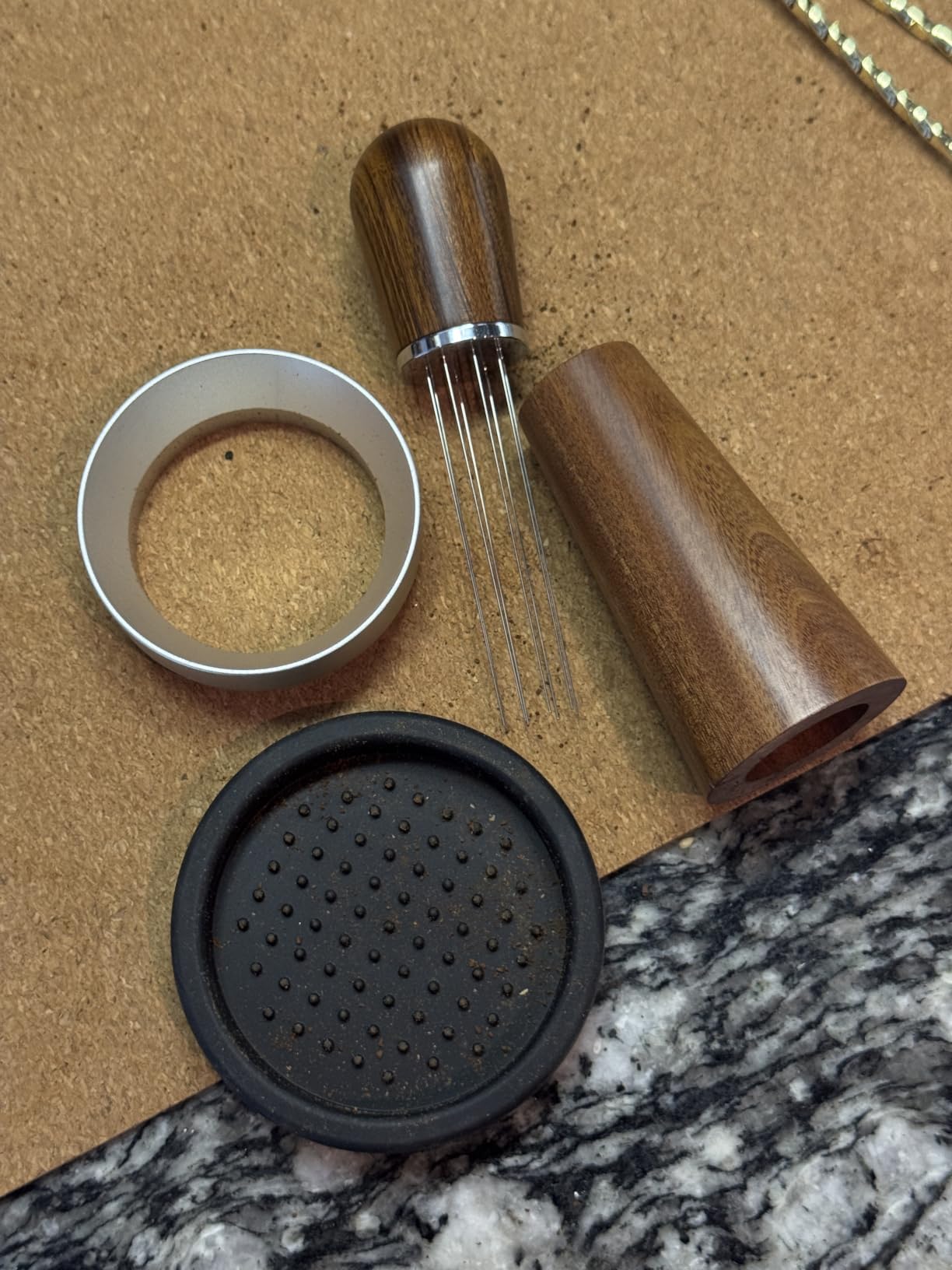 51mm Espresso Accessories Kit with Tamper, WDT Tool and Funnel | Rosewood spring-loaded espresso tamper and WDT tool espresso, 8 needles, aluminum dosing funnel, mat for 51mm Portafilter customer photo 1