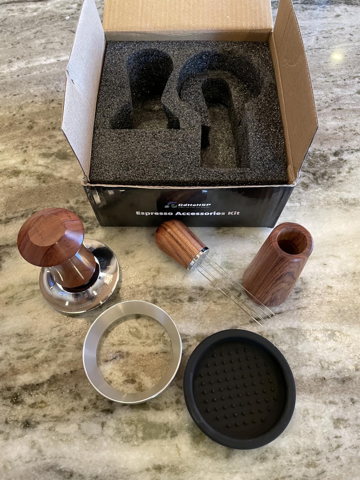 51mm Espresso Accessories Kit with Tamper, WDT Tool and Funnel | Rosewood spring-loaded espresso tamper and WDT tool espresso, 8 needles, aluminum dosing funnel, mat for 51mm Portafilter customer photo 2