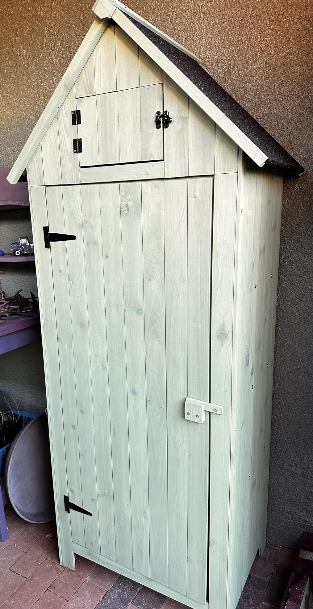 Outvita Outdoor Storage Cabinet with Waterproof Roof for Yard, Natural | Double Lockable Doors Garden Shed with 2 Removable Shelves, Wooden Storage Shed with Large Storage Space customer photo 2