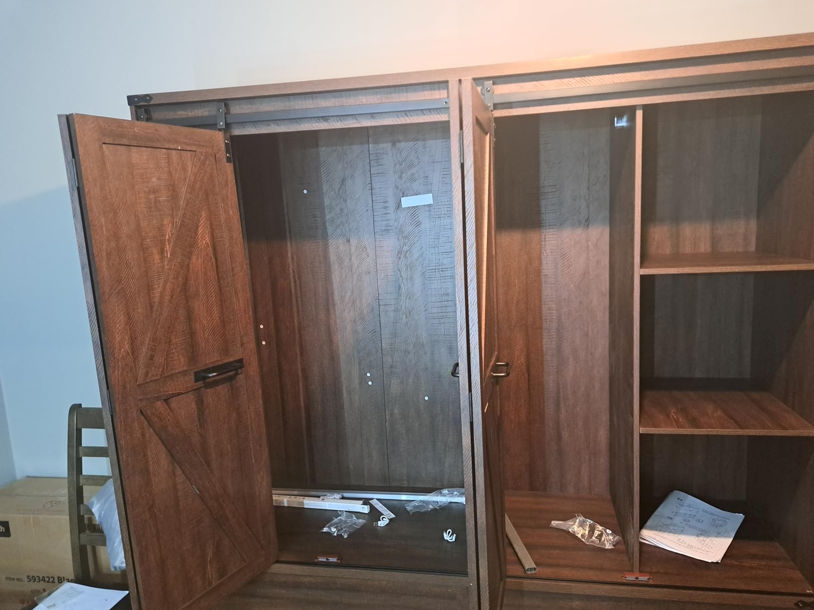 Farmhouse 4 Doors Armoire Wardrobe Closet w/Folding Sliding Barn Door and Lights, LED Armoire Closet w/Drawers for Bedroom, Freestanding Wooden Wardrobe Storage Closets w/Hanging Rod,Antique White customer photo 1