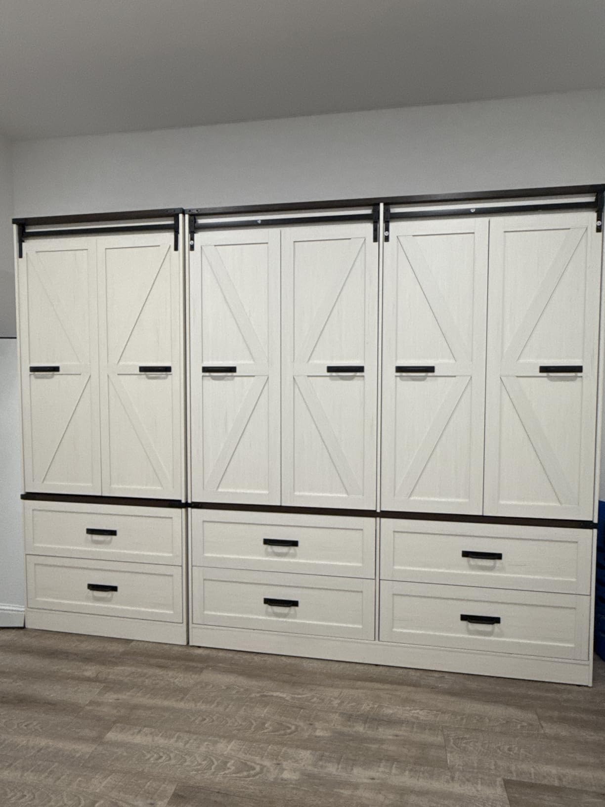 Farmhouse 4 Doors Armoire Wardrobe Closet w/Folding Sliding Barn Door and Lights, LED Armoire Closet w/Drawers for Bedroom, Freestanding Wooden Wardrobe Storage Closets w/Hanging Rod,Antique White customer photo 2