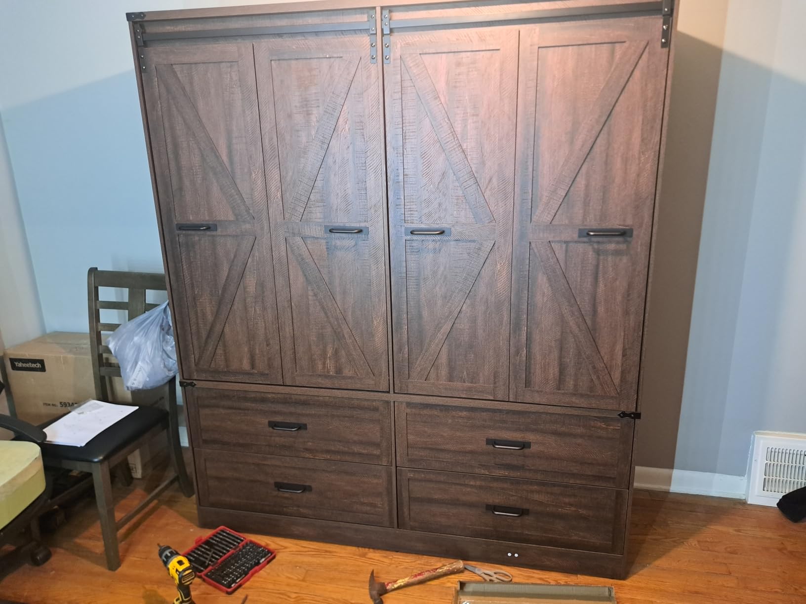 Farmhouse 4 Doors Armoire Wardrobe Closet w/Folding Sliding Barn Door and Lights, LED Armoire Closet w/Drawers for Bedroom, Freestanding Wooden Wardrobe Storage Closets w/Hanging Rod,Rustic Brown customer photo 1