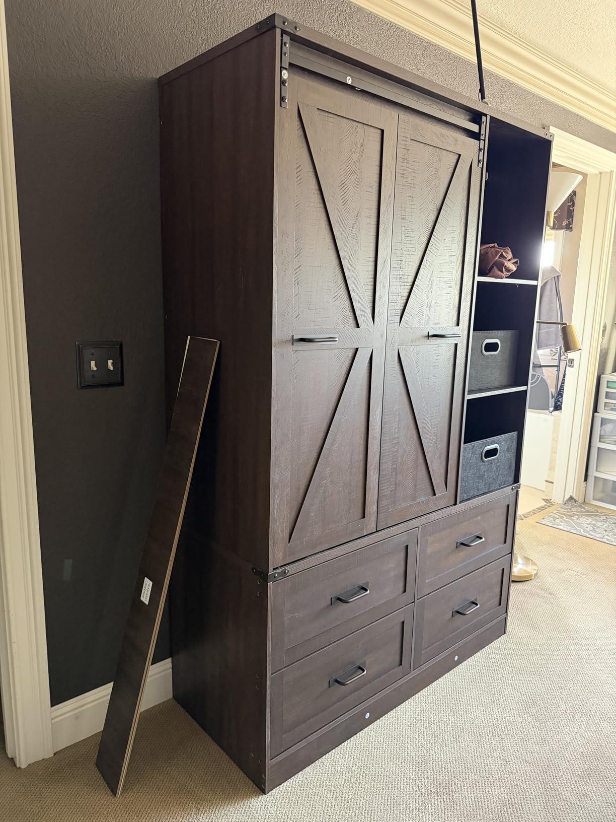 Farmhouse 4 Doors Armoire Wardrobe Closet w/Folding Sliding Barn Door and Lights, LED Armoire Closet w/Drawers for Bedroom, Freestanding Wooden Wardrobe Storage Closets w/Hanging Rod,Rustic Brown customer photo 2