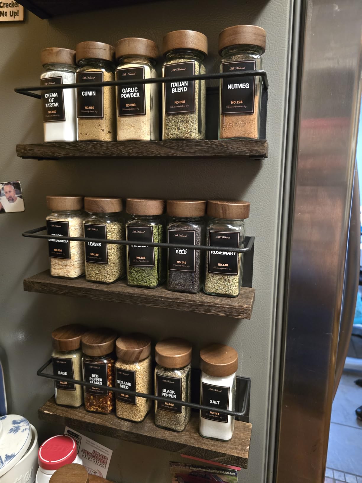 Wooden Lid Magnetic Spice Rack with 24 Jars, 216 Labels, 1 Steel Funnel for Refrigerator, Microwave Oven - Full Set of Spice Organizer customer photo 1