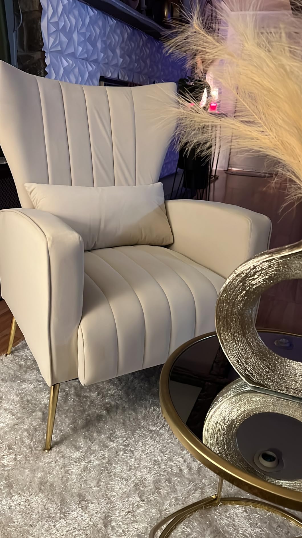 Accent Chair,Wingback Armchair for Living Room, HighBack Reading Chair with Golden Metal Legs Lumbar Pillow,Upholstered Single Sofa for Bedroom, Apartment, Small Spaces Velvet Black customer photo 1
