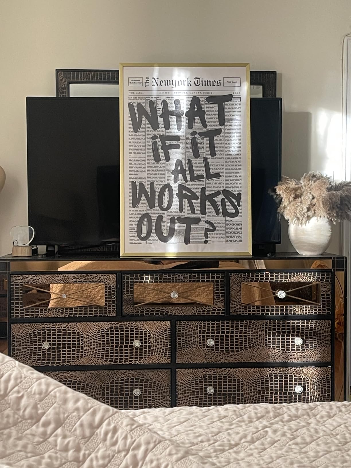 Retro Black And White Newspaper Poster What If It All Works Out Canvas Wall Art Positive Affirming Quote Minimalist Prints Painting For Home Bedroom Dorm Wall Decor 8x12in Framed customer photo 2