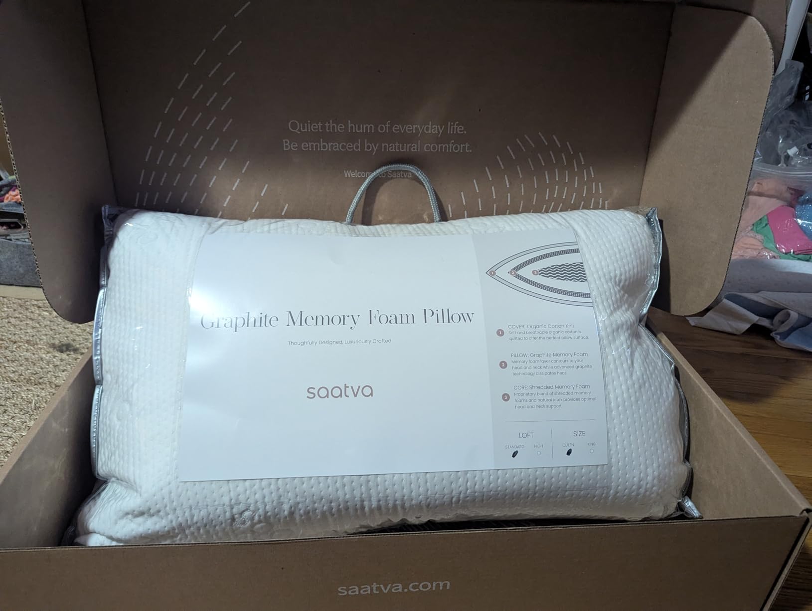 Saatva Graphite Memory Foam Pillow, Cooling Comfort & Contouring Support | Ideal for Side Sleepers, Removable, Machine-Washable Cotton Knit Cover, Queen (28