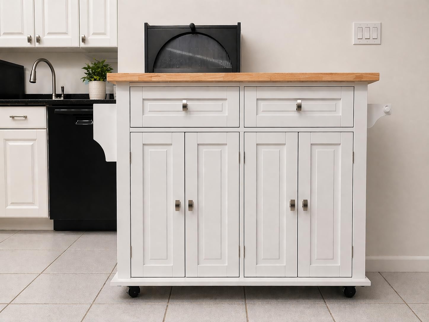 VEVOR Kitchen Island Cart with Single Door Cabinet, Mobile Carts with Drawer, Towel Rack, Hooks, Portable Table on Swivel Wheels, Small Coffee Islands Microwave Stand for Dining Room, 18x23 in, White customer photo 2