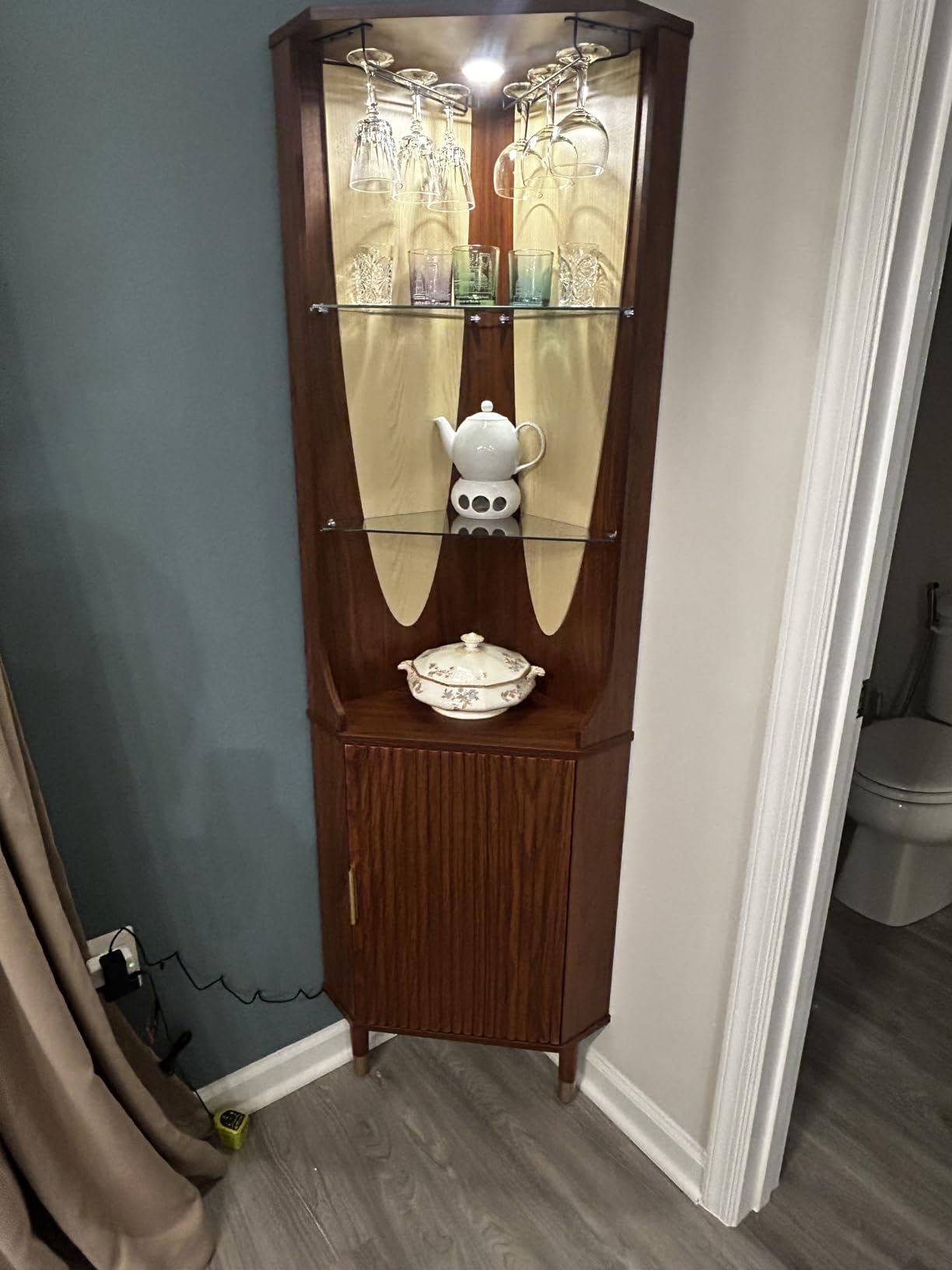 JOINICE Tall Corner Bar Cabinet for Liquor, Mid-Century Modern, Walnut, 70