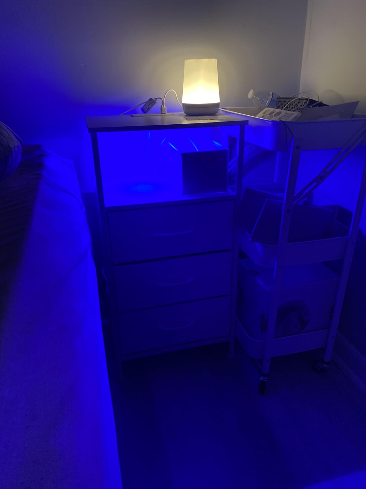 SONGMICS Nightstand with Charging Station, 2 Fabric Drawers | Bed Side Table, App-Controlled Adjustable LED Lights, Modern basic, White, BELLAH Collection ULGS302WH01S customer photo 1