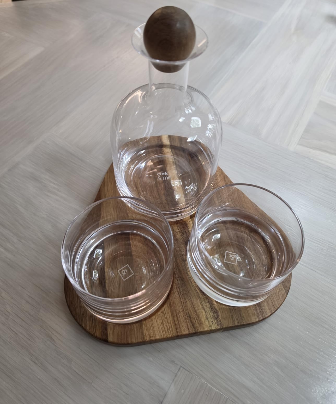 Cork & Mill Whiskey Decanter Set with Glasses, Wood Tray and Stopper | Bourbon Gift Set with Hand Blown Crystal 800 ml Liquor Decanter, Two 8 oz Old Fashioned Glasses customer photo 2