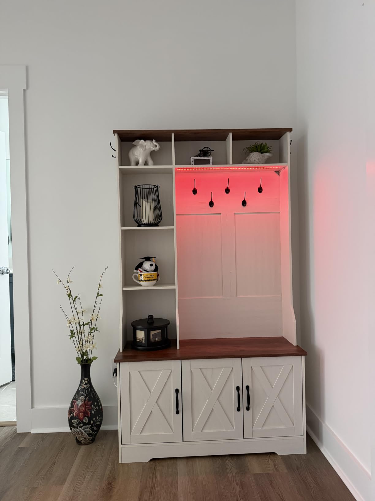 CSZZD Hall Tree with Bench & Entryway Coat Rack with Shoe Storage | Farmhouse Entryway Bench with Led Lights, 7 Coat Hooks, 6 Storage Cubbies, Adjustable Shelf, Spacious Shoe Storage Bench customer photo 2