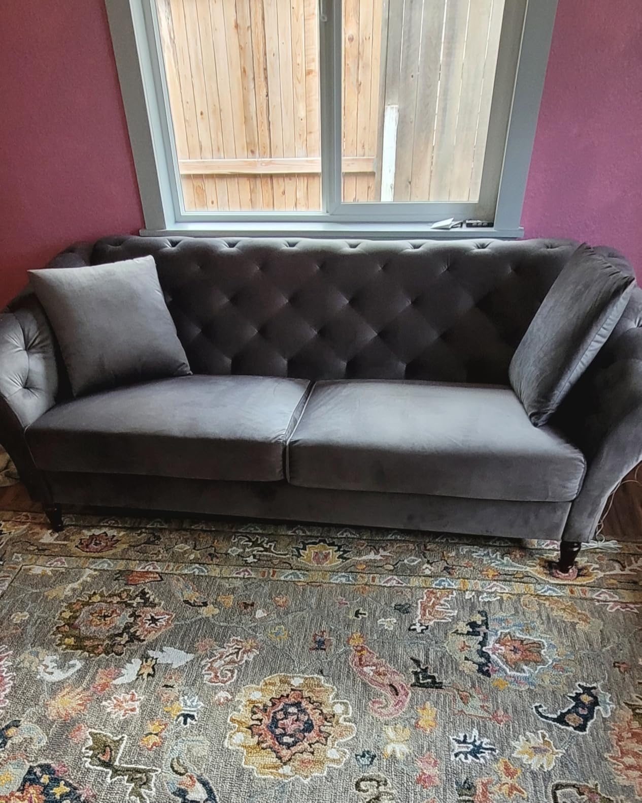 COPIAE 82 Inch Chesterfield Loveseat Sofa, Tuxedo Arms Modern Couch, Velvet Fabric Brown customer photo 2