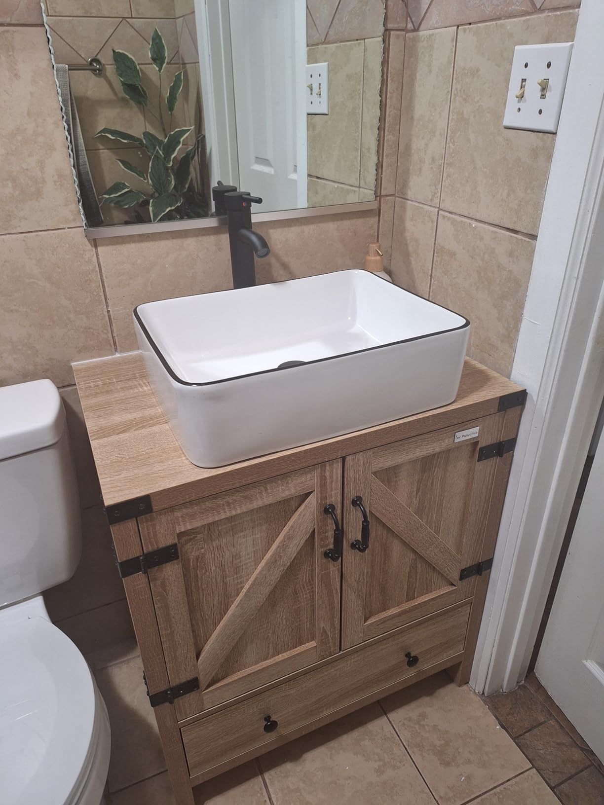 60 inch Natural Color Bathroom Vanity, Rustic Fixture Standing Pedestal Cabinet with Two White Ceramic Vessel Sinks customer photo 1