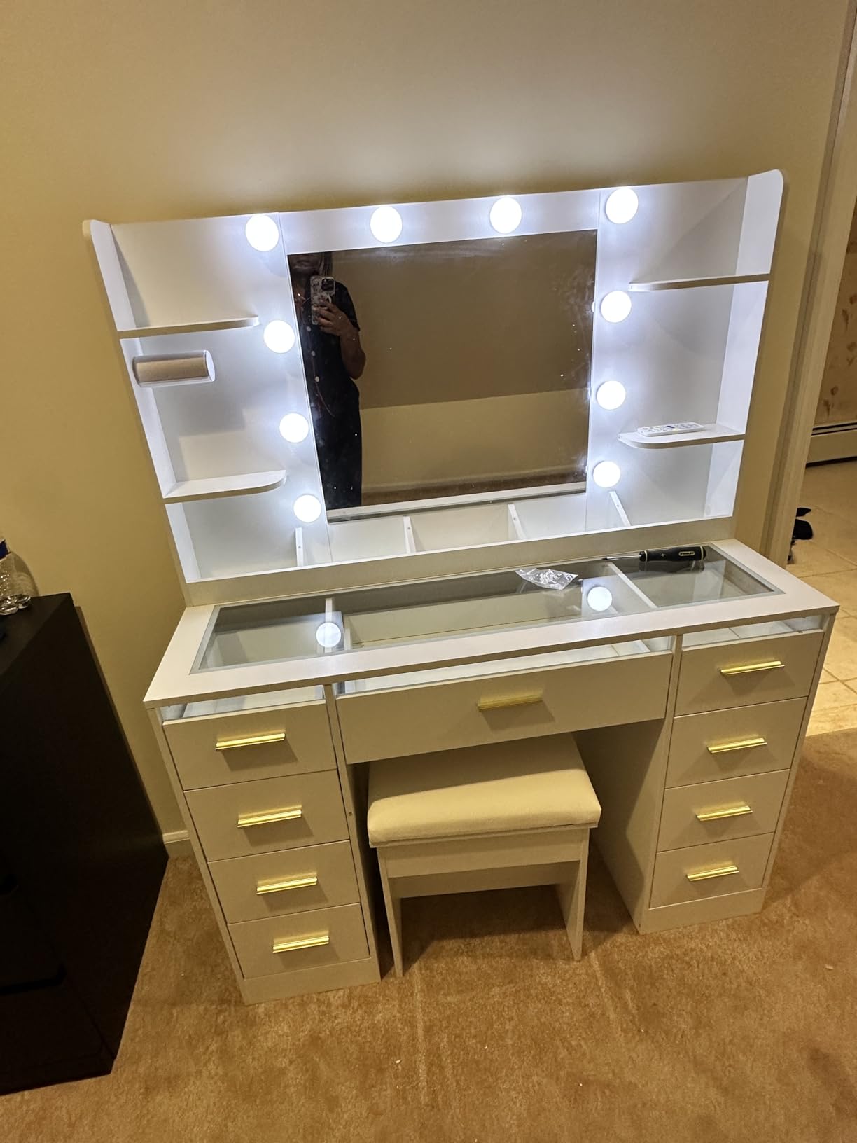 ANWBROAD Large Vanity Desk with Mirror and Lights & Transparent Glass Top | 3 Colors Makeup Vanity Table Set with 9 RGB Drawers, Power Outlet, White Vanity Stool and 4 Shelves for Bedroom Women UBDT94W customer photo 1