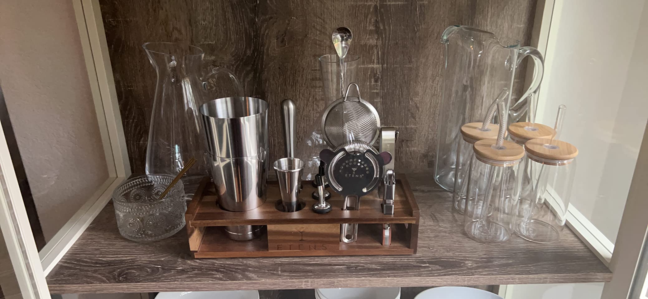 ETENS Cocktail Shaker Set Drink Mixer Bar Accessories - 15Pcs Mixology Bartender Kit Includes Boston Shaker, Japanese Jigger, Strainer, Bottle Opener, Cocktail Mixing Spoon - Handcrafted Wood Stand customer photo 1