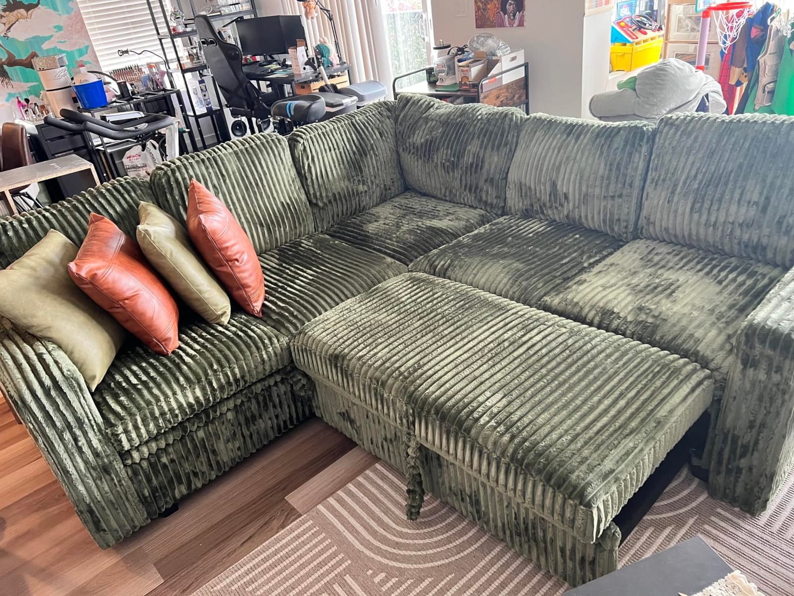 HONBAY Corduroy L Shaped Sectional Sleeper Sofa with Pull Out Bed, Green | Modular Design, Built-In Storage, Couches for Living Room/Apartment Guest Sleeping Space, Removable Cushions customer photo 1