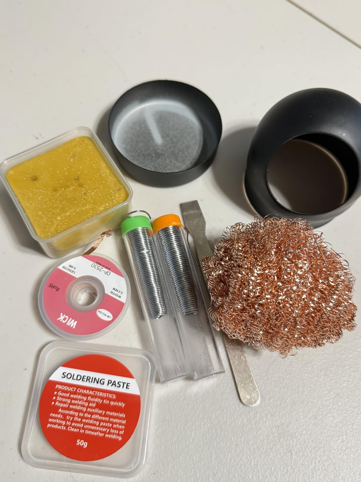 6-in-1 solder kit, soldering iron tip cleaner +1.0mm solder wire(11g*2pcs)+Rosin Solder Flux Paste (1.75 oz/50g), desoldering wick (2.5 * 3.0mm,9.8ft) Stainless steel scraper stir welding tool customer photo 1