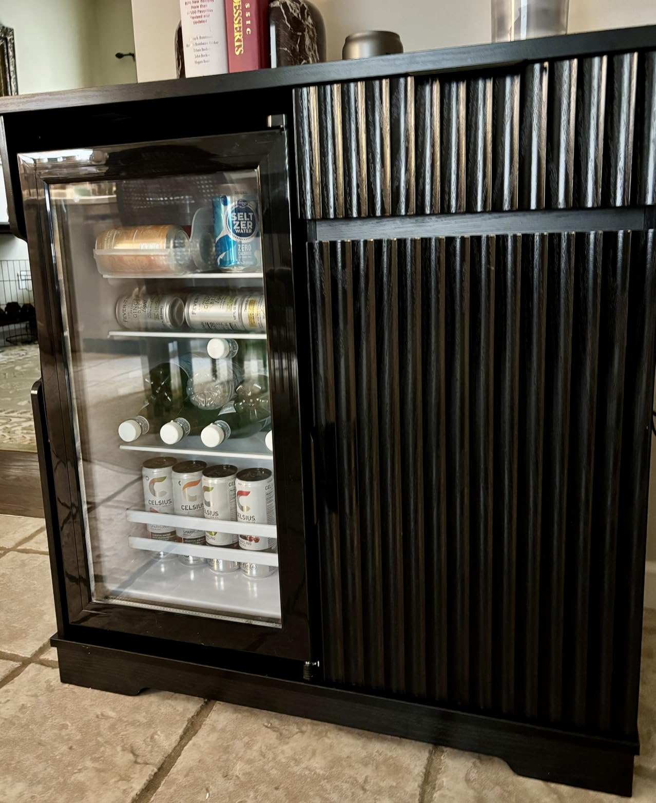 Fluted Mini Fridge Cabinet (Fridge Included) for Home, Black | Coffee Bar Cabinet with Refrigerator, Pull Out Drawer & Storage Cabinets, 31.5