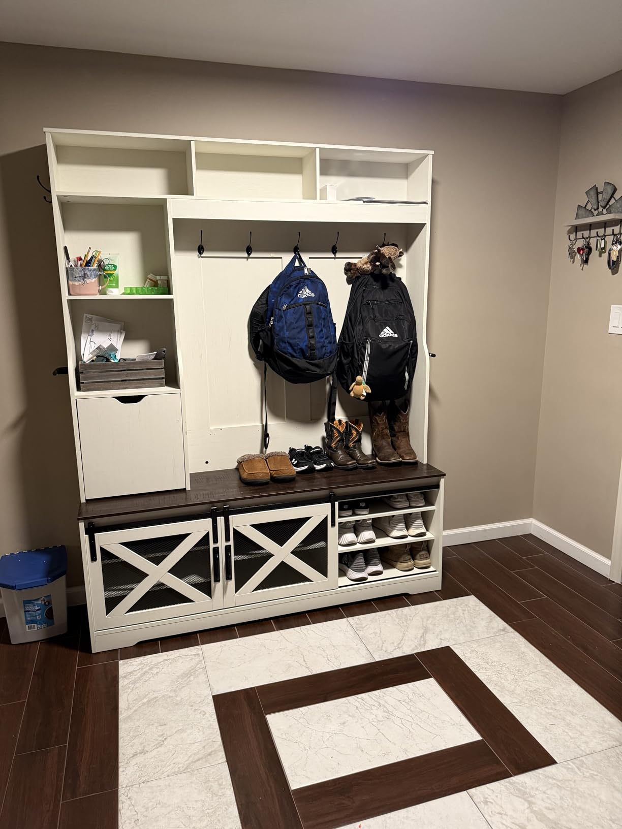 86.6''W Extra Large Farmhouse Hall Tree with Mirror Bench and Shoe Storage, Entryway Bench with Coat Rack, 6 Shoe Cubbies & Umbrella Holder and Storage Cushioned Stool, Mudroom/Hallway Storages Cabinet customer photo 1