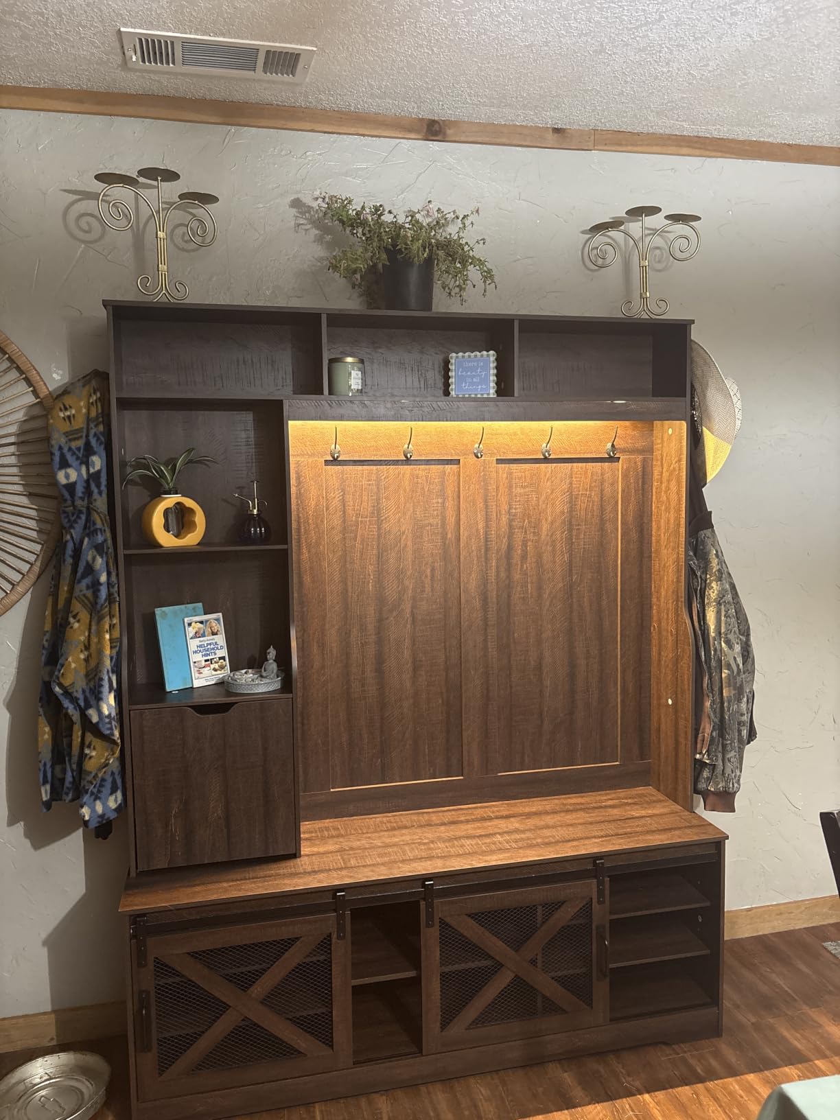 86.6''W Extra Large Farmhouse Hall Tree with Mirror Bench and Shoe Storage, Entryway Bench with Coat Rack, 6 Shoe Cubbies & Umbrella Holder and Storage Cushioned Stool, Mudroom/Hallway Storages Cabinet customer photo 2