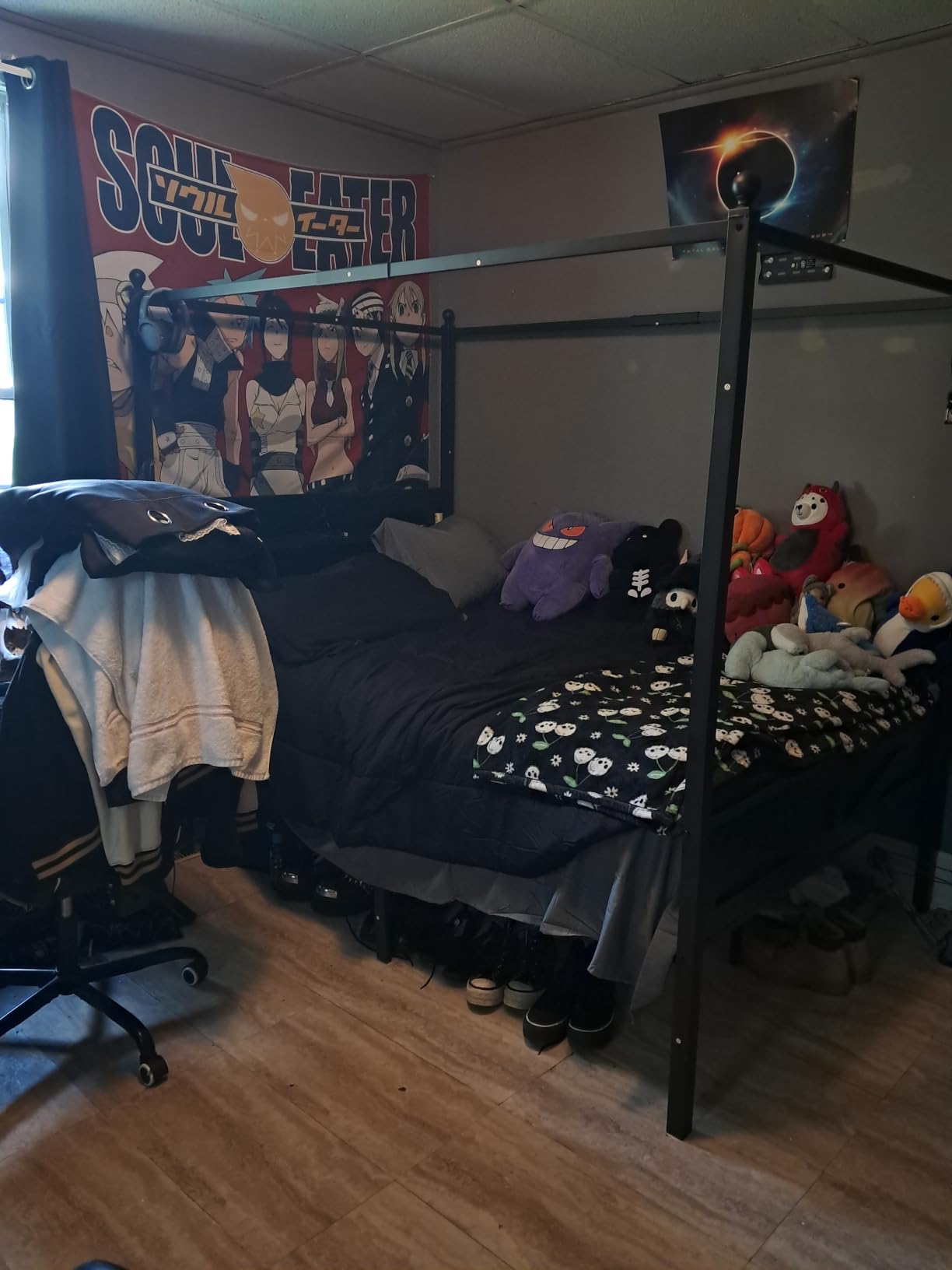 Canopy Bed Frame Queen Size with Barn Storage Headboard, Black | Vintage Farmhouse Four-Poster bed, LED & Charging Station, Under-Bed Storage Space, No Box Spring Needed, Easy Assembly customer photo 1