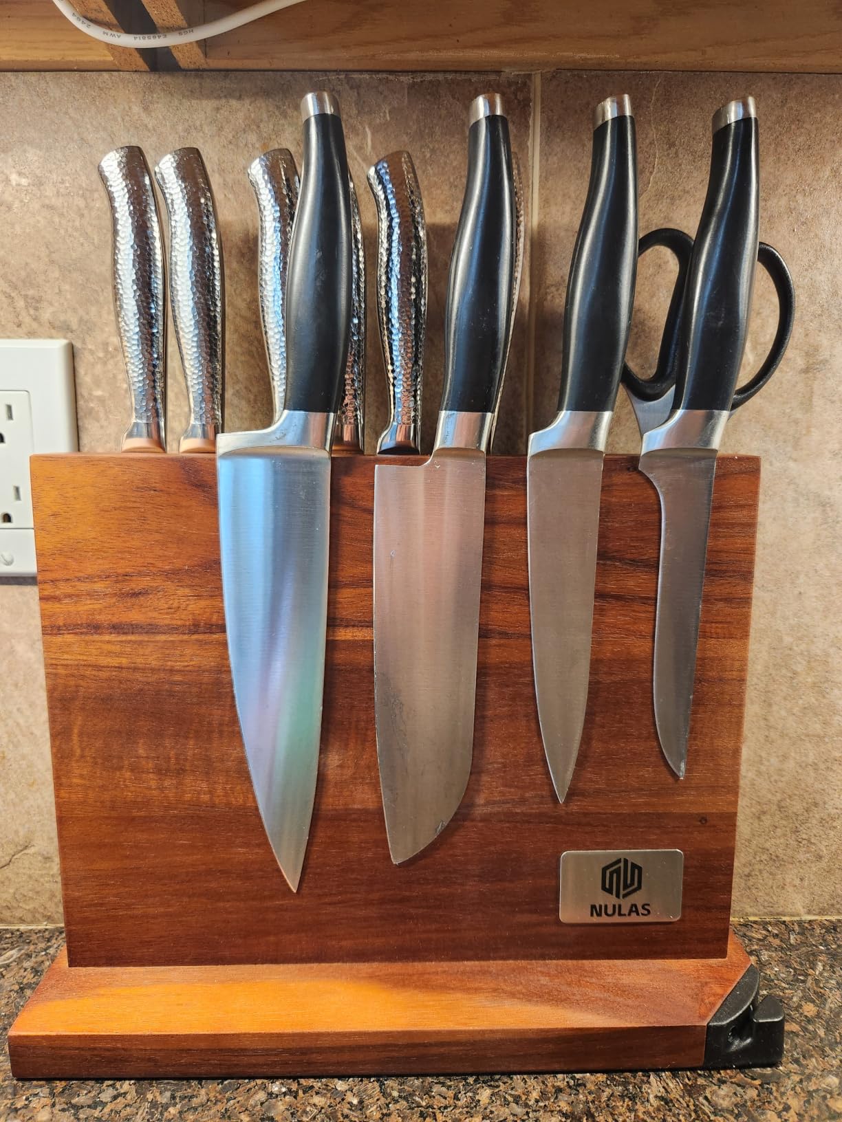 Magnetic Knife Block with Built-in Sharpener, Double-Sided Countertop Magnetic Knife Holder, Holds Up to 12 Knives & Metal Kitchen Tools, Brown customer photo 1