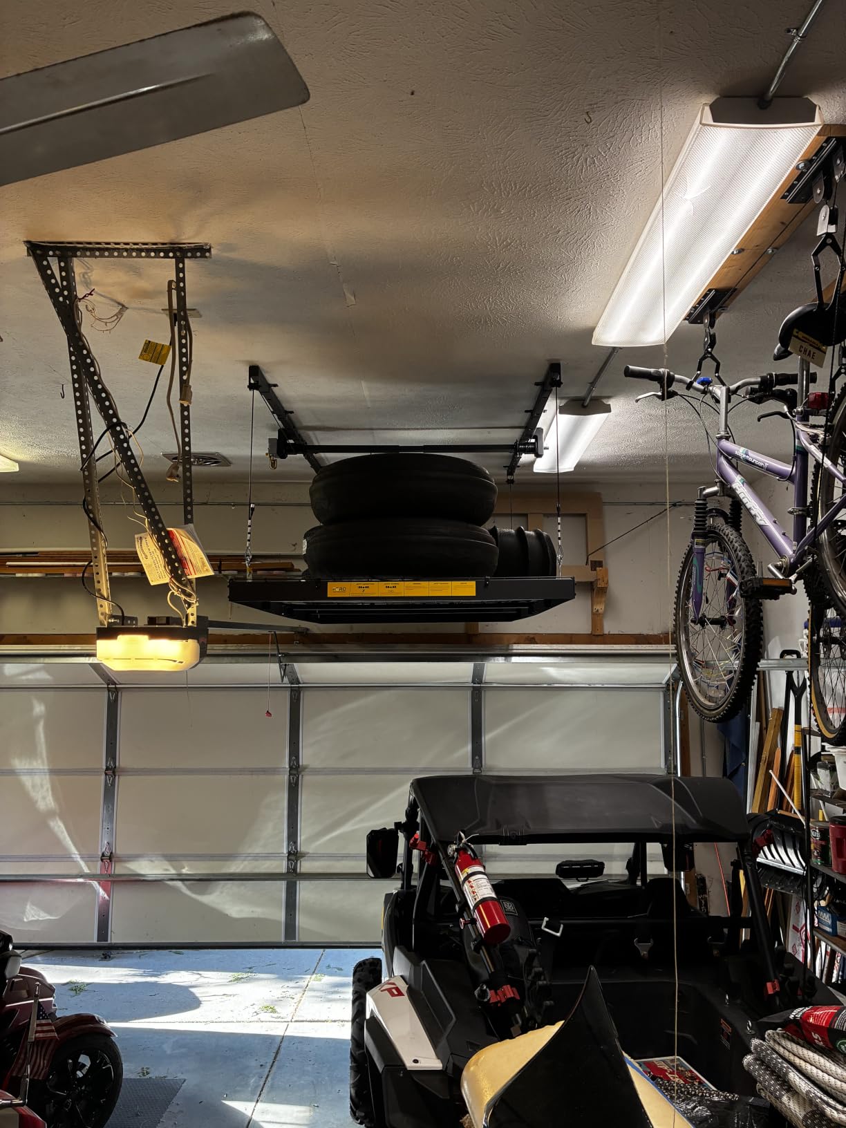 FERO Overhead Garage Storage Rack, 500 lb Capacity, 4x8 FT Garage Ceiling Storage Rack with Safety Lock, Heavy-Duty Ceiling Mounted Lift System, Drop-Down Garage Ceiling Organizer customer photo 1