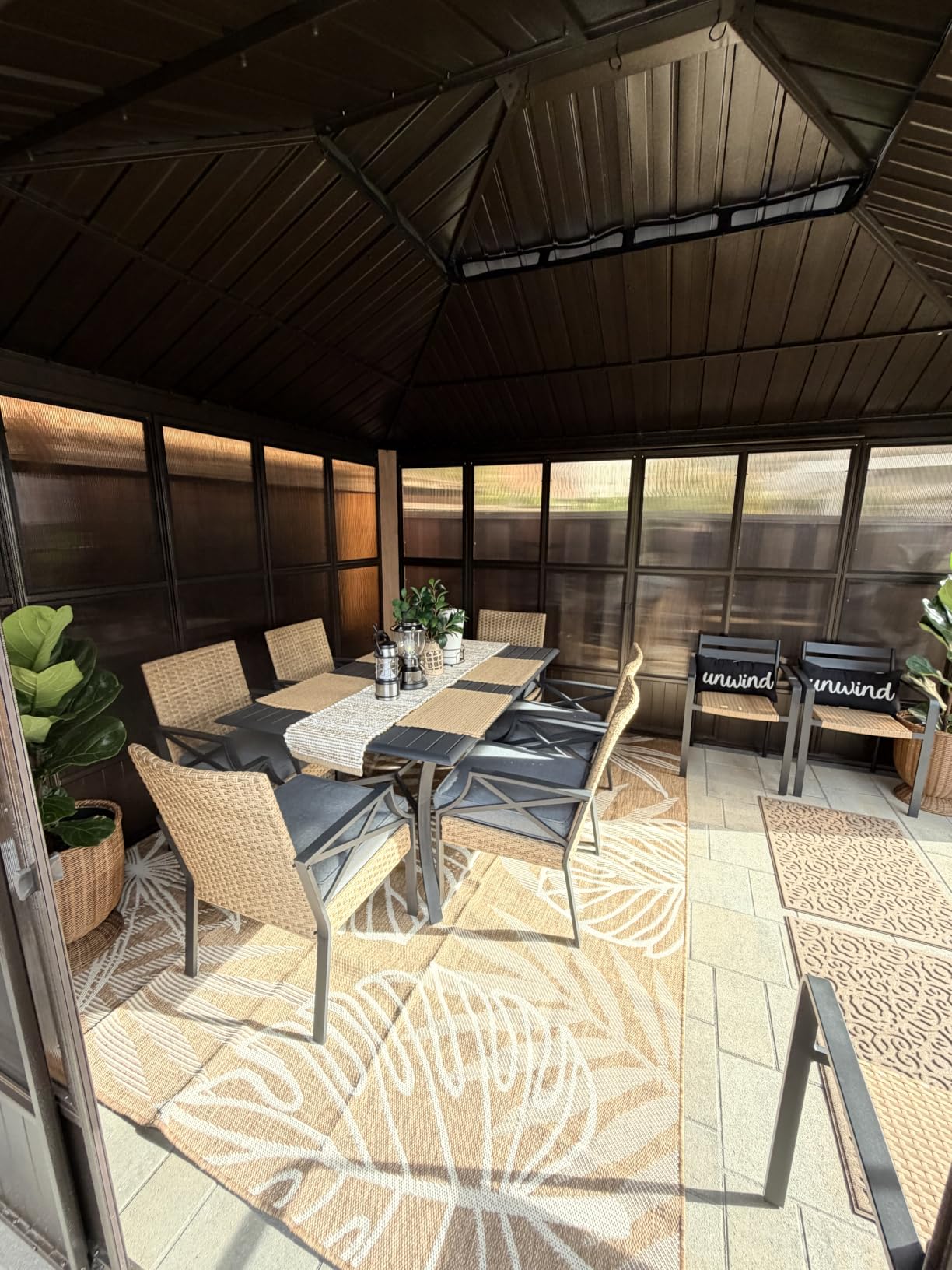 MontVoo Outdoor Rug Carpet Patio Rug 5x7 ft Polypropylene Indoor Outdoor Rugs for Patio Deck Balcony Porch, Textured Weave, Durable for High Traffic, Fade-Resistant, Boho Geometric Neutral Brown customer photo 1