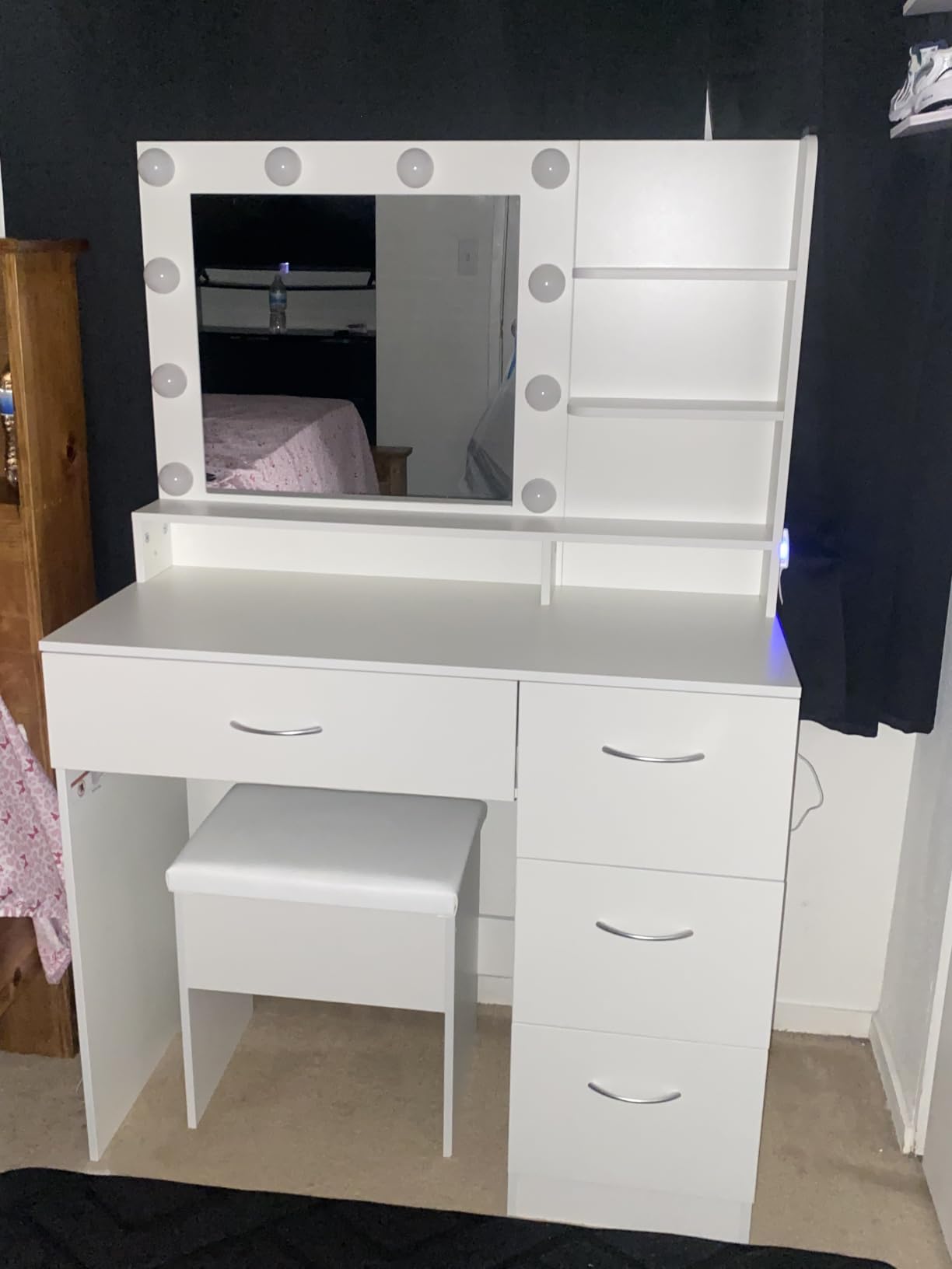 LIVELYGLOW White Makeup Vanity Desk with Charging Station & 4 Drawers | 10 LED Bulbs, HD Mirror, Cushioned Stool, Hairdryer Rack customer photo 1