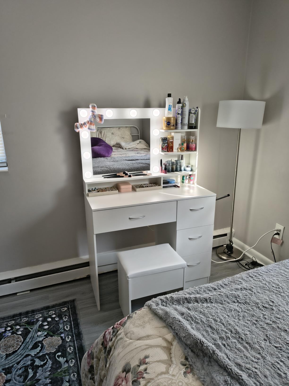 LIVELYGLOW White Makeup Vanity Desk with Charging Station & 4 Drawers | 10 LED Bulbs, HD Mirror, Cushioned Stool, Hairdryer Rack customer photo 2