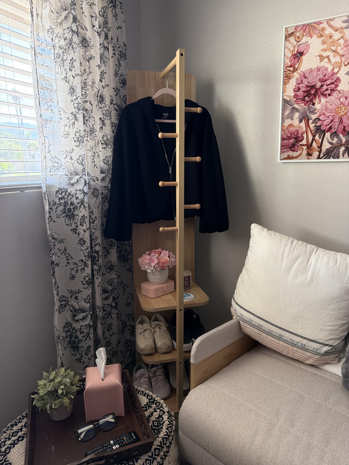 Full Length Mirror with Coat Rack & Storage, 360° Rotating Solid Wood Standing Floor Mirror with Shelves for Bedroom, Entryway, Dressing Room (Walnut Brown, 66