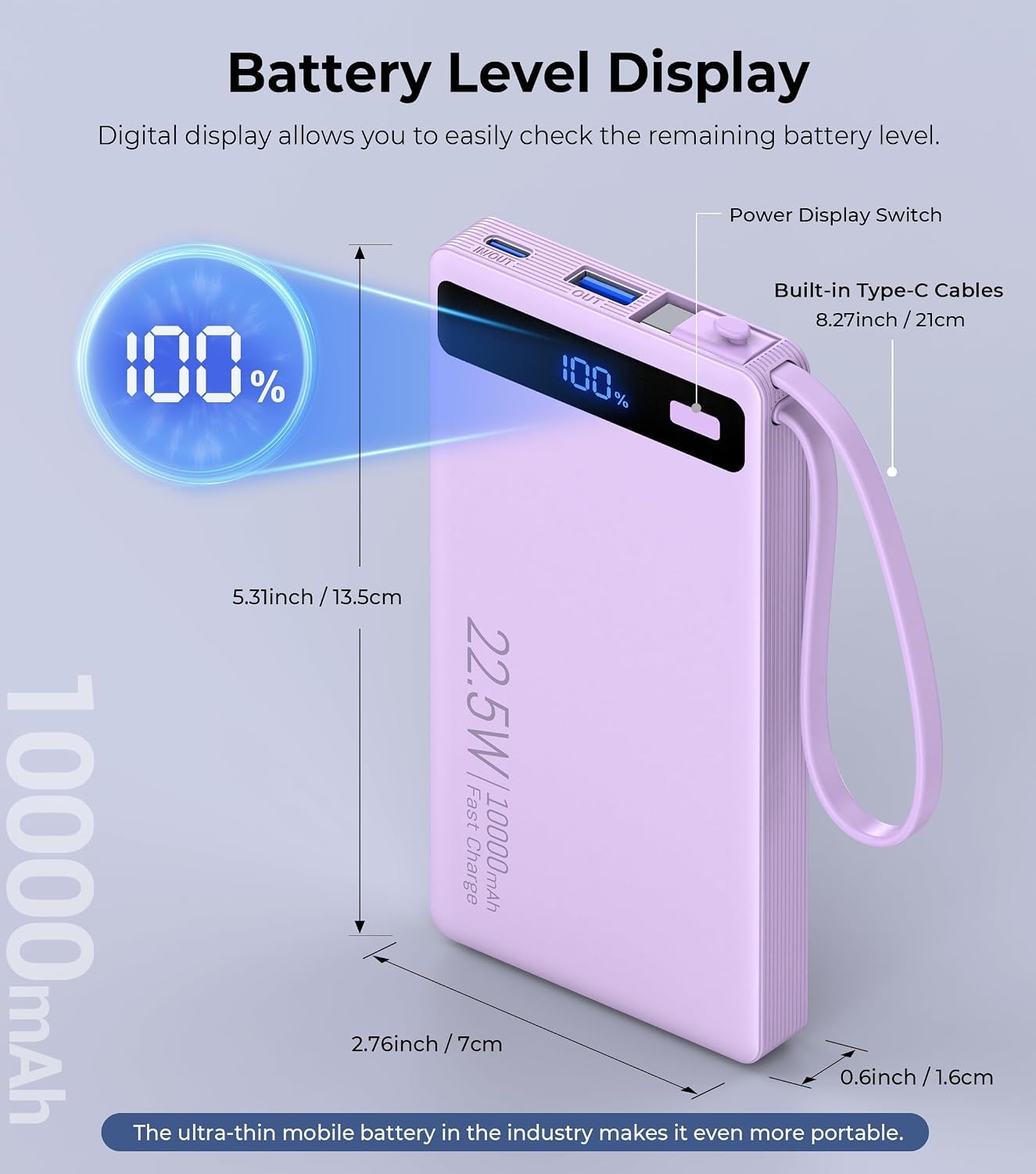 10000mAh Power Bank Built-in 2 Cables,40% Thinner 22.5W PD Portable Charger | USB-C Battery Pack LED Display, Travel Essentials Fast Charging Powerbank for iPhone 17 16 15 Plus Pro Samsung iPad (1 Pack) customer photo 1
