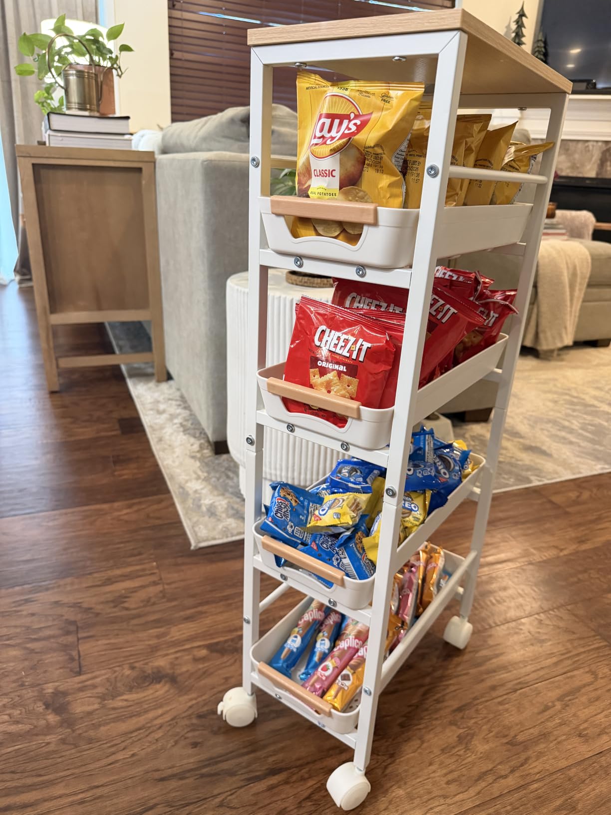 Pipishell Slim Storage Cart, Wooden Top Narrow Kitchen Storage Cart, White | 5 Tier Skinny Rolling Cart with Pull-Out Baskets, Vented Design & Lockable Wheels for Kitchen, Bathroom, Laundry Room customer photo 2
