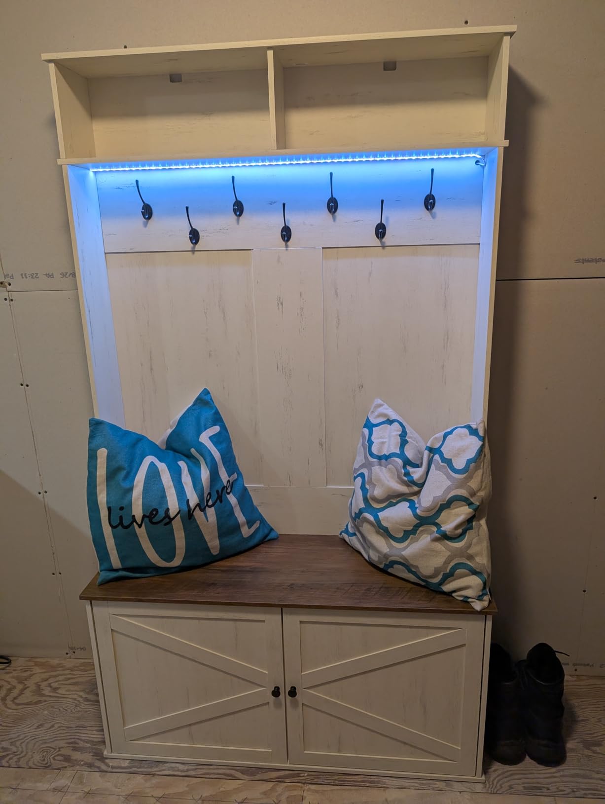 VASAGLE 5-in-1 Hall Tree with Bench and Shoe Storage, Adjustable LED Light | Coat Rack, 7 Double Hooks, Farmhouse Entryway Furniture, Rustic White, HAINS Collection UHSR653WJ03S customer photo 2