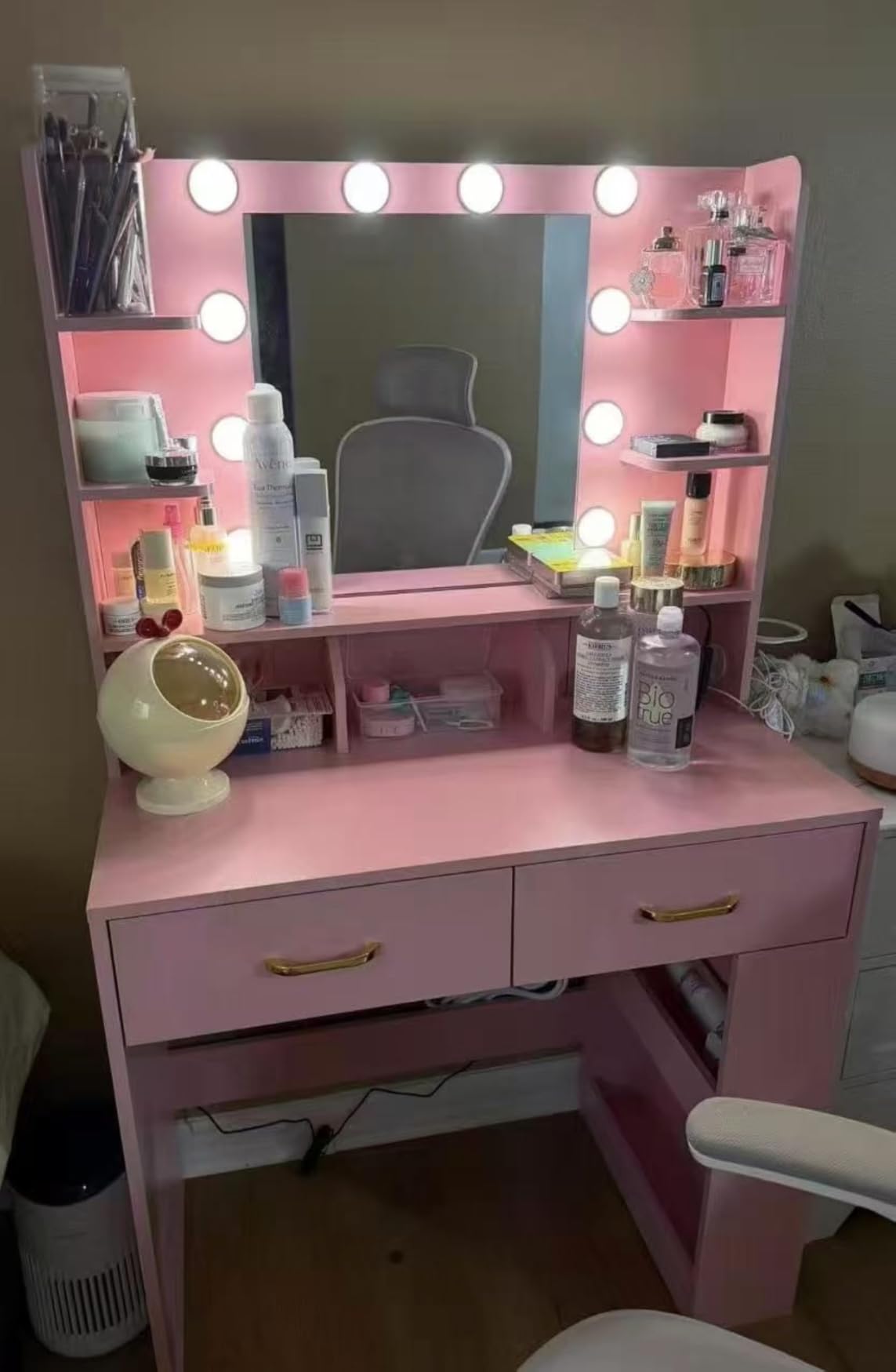 COMHOMA Vanity Desk with 3-Way Mirror and Lights, Makeup Vanity with 360° View Mirror, 3 Lighting Modes, 6 Drawers, Storage Cabinet Fluted Wood Vanity Table with Jewelry Hook for Women Girls customer photo 2
