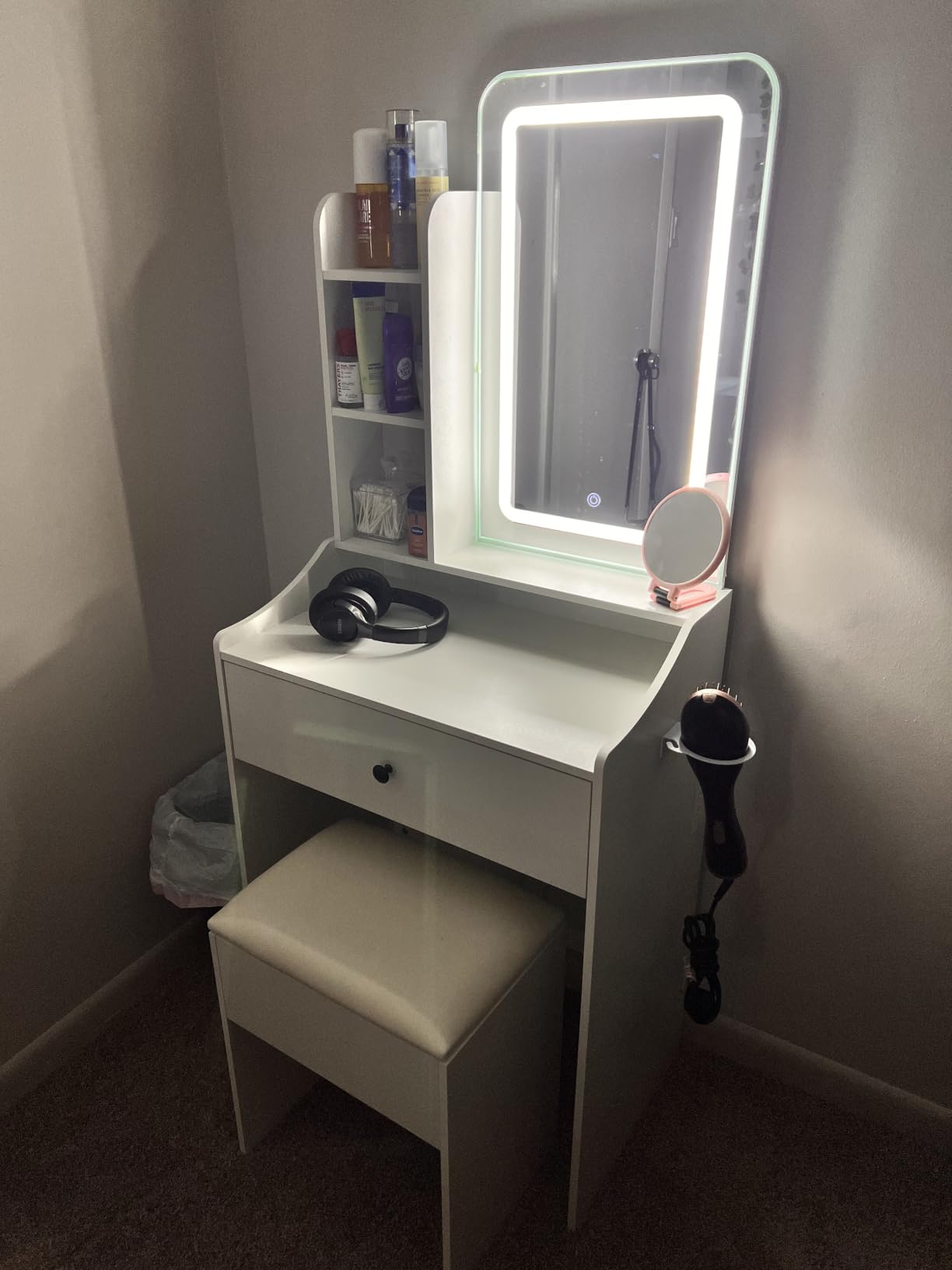 DUMOS Small Makeup Vanity Desk, Mirror and LED Lights, Storage Chair Set | Hair Dryer Holder, Dressing Table, LED Mirror Lights, Charging Station, Three Shelves, Drawer, White customer photo 2