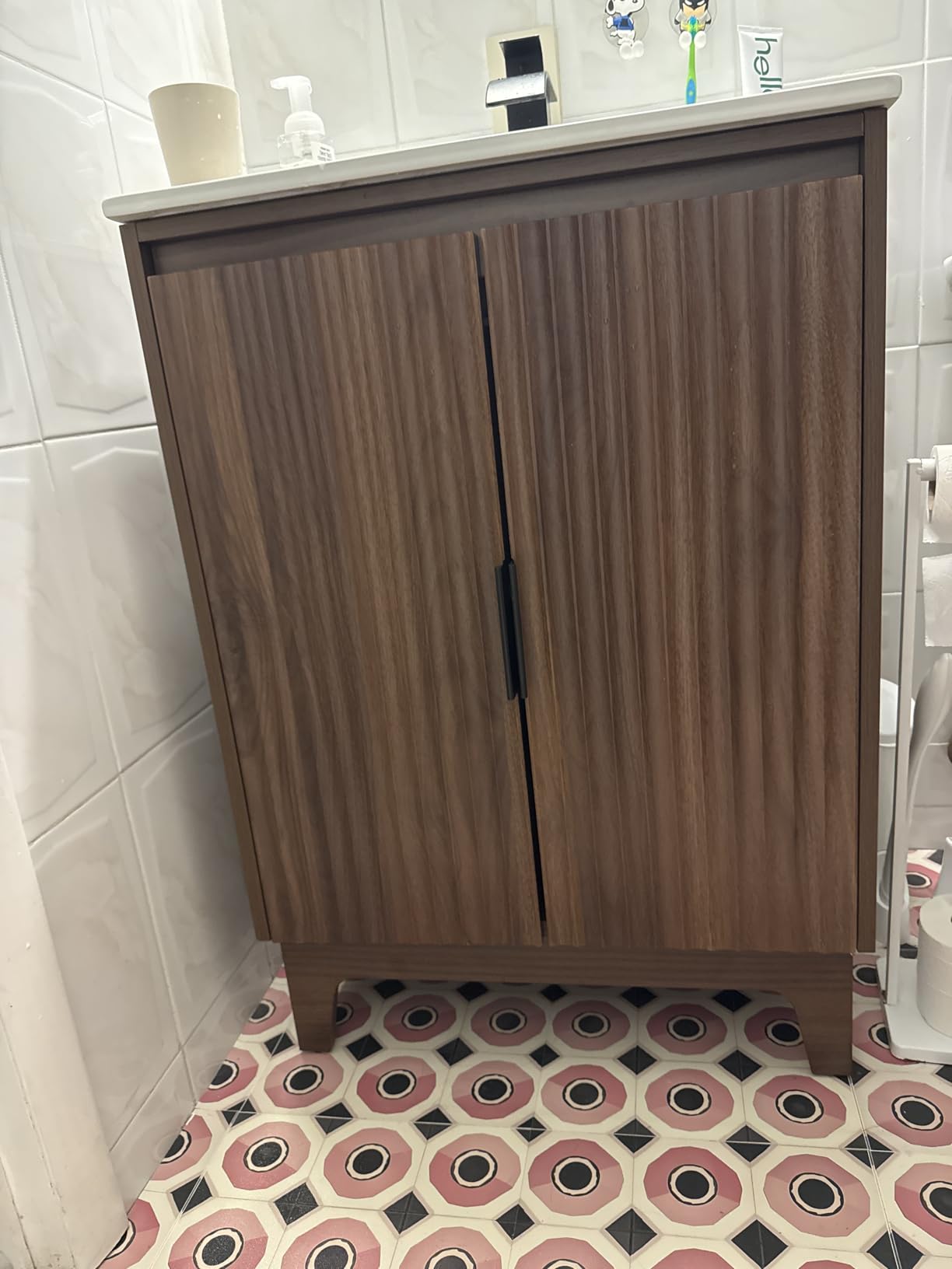 VINGLI 24 Inch Floating Bathroom Vanity with Sink, Wall-Mounted Dark Walnut Cabinet with Fluted Drawer, Divided Storage, Gold-Tone Handle and Ceramic Sink customer photo 1