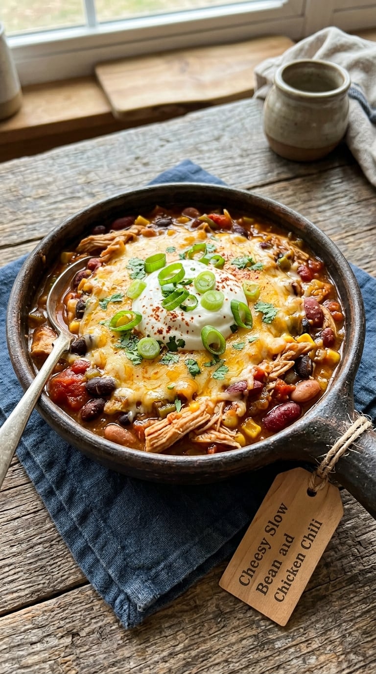 Cheesy Slow Cooker Bean and Chicken Chili