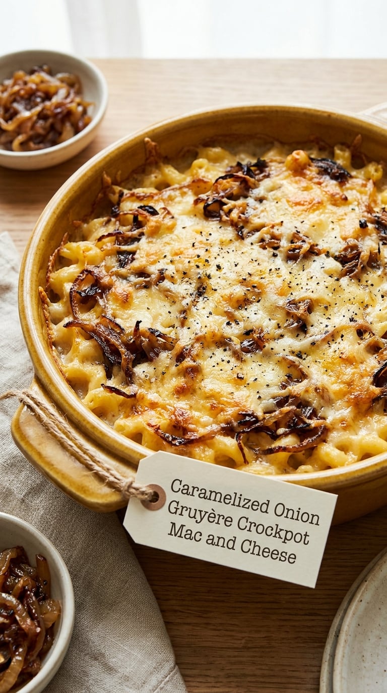Caramelized Onion Gruyère Crockpot Mac and Cheese