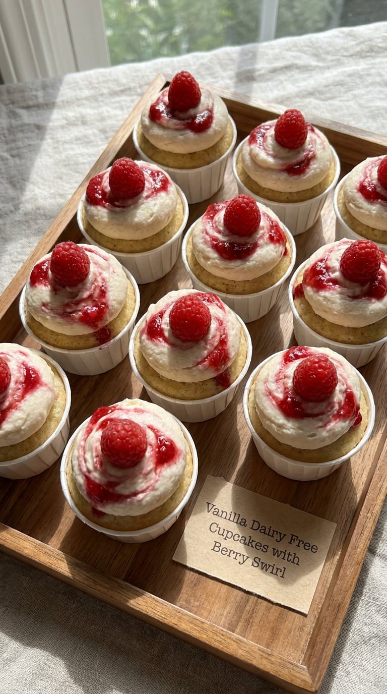 Vanilla Dairy Free Cupcakes with Berry Swirl