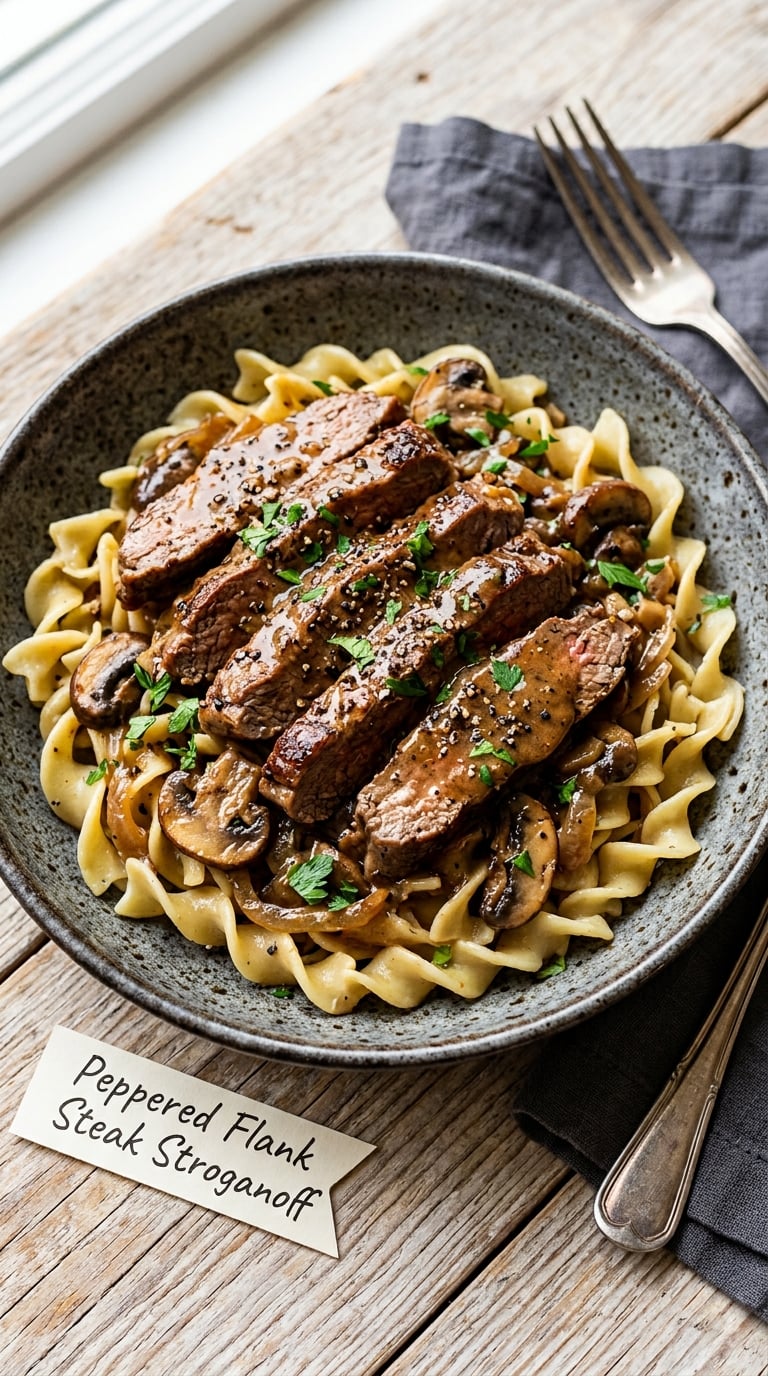 Peppered Flank Steak Stroganoff