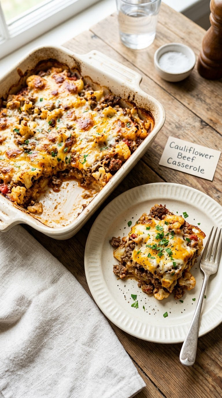 Cheesy Cauliflower and Ground Beef Casserole
