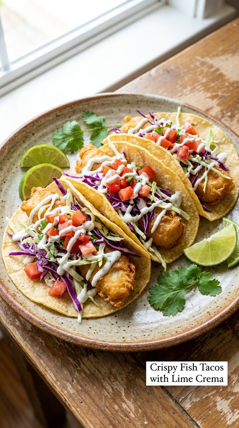 Crispy Fish Tacos with Lime Crema
